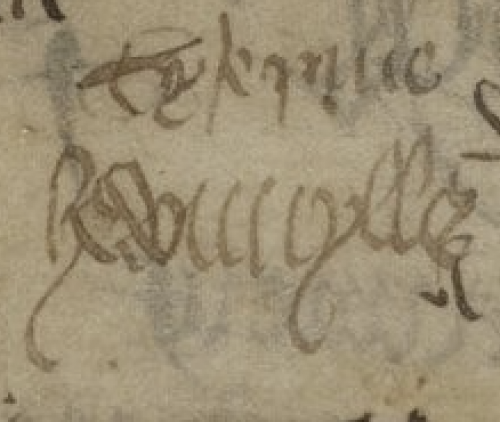 Le mot de Phiilippe de Hédouville dans les signatures du liber amicorum des premiers folios du Chartier de Marie de Clèves. Paris, Bnf, Ms. fr. 20026, fol. Av.