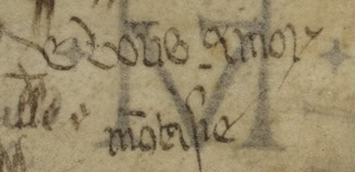 Le mot DE VOUS AMOY dans les signatures du Liber amicorum des premiers folios du Chartier de Marie de Clèves. Paris, Bnf, Ms. fr. 20026, fol. 2.