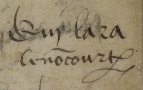 le mot de Philippe de Lenoncourt dans les signatures du liber amicorum des premiers folios du Chartier de Marie de Clèves. Paris, Bnf, Ms. fr. 20026, fol. Av.