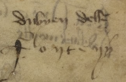 Le mot DU BIEN DELLE dans les signatures du Liber amicorum des premiers folios du Chartier de Marie de Clèves. Paris, Bnf, Ms. fr. 20026, fol. Av.