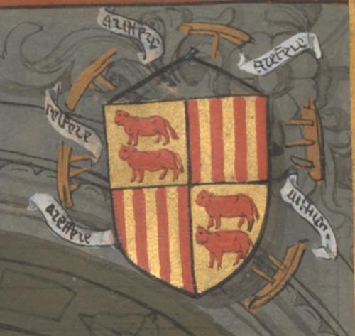 Les armes de Gaston IV entourées de sa devise : une roue brisée associée au mot A REFAIRE. (René d’Anjou, Livre du Coeur d’Amour épris, Paris, Bnf, Ms. Fr. 24399, fol. 89)