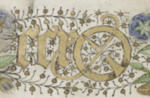Le fermail attaché au chiffre CCR. Paradis de la Reine Sibylle, Chantilly, Musée Condé, ms. 653, fol. 1v. (détail)