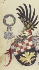 Le collier de la Cosse de genêt, exposé aux côtés du Camail des Orléans et du SS Collar des Lancastre sur les armes du seigneur de Cacumine, chevlier du duc de Brieg (Briga). De Ministerio Armorum, Manchester, J. Rylands Lib., Ms. Lat. II8, fol. 149 Le collier de la Cosse de genêt, exposé aux côtés du Camail des Orléans et du SS Collar des Lancastre sur les armes du seigneur de Cacumine, chevlier du duc de Brieg (Briga). De Ministerio Armorum, Manchester, J. Rylands Lib., Ms. Lat. II8, fol. 149
