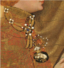 Détail du collier de la Cosse de genêt de Richard II. Diptyque Wilton, Londres National Gallery, vers 1396. Détail du collier de la Cosse de genêt de Richard II. Diptyque Wilton, Londres National Gallery, vers 1396.