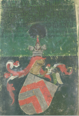 Un chevalier germanique portant la cosse de genêt. Armorial de Saint-Christophe de l'Arlberg (Wien, Haus-, Hof- und Staatsarchiv, Weiss 242. f. 27) Un chevalier germanique portant la cosse de genêt. Armorial de Saint-Christophe de l'Arlberg (Wien, Haus-, Hof- und Staatsarchiv, Weiss 242. f. 27)