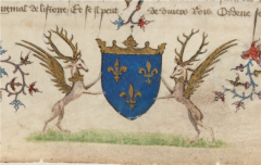Les cerfs, supports héraldiques. Grandes chroniques de France, Paris, BnF, Ms. Fr. 2608, vers 1390 .png Les cerfs, supports héraldiques. Grandes chroniques de France, Paris, BnF, Ms. Fr. 2608, vers 1390 .png