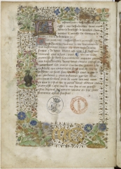 Chiffre et devise d'Antoine de la Sale, associé à des rosiers aux fleurs bleues et la devise du bouquet de violettes d'Agnès de Bourgogne. Paradis de la Reine Sibylle, Chantilly, Musée Condé, ms. 653, fol.1v. Chiffre et devise d'Antoine de la Sale, associé à des rosiers aux fleurs bleues et la devise du bouquet de violettes d'Agnès de Bourgogne. Paradis de la Reine Sibylle, Chantilly, Musée Condé, ms. 653, fol.1v.