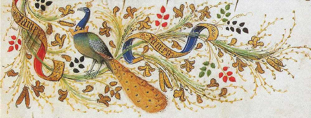 Le gen&ecirc;t au naturel, associ&eacute; &agrave; la branche de mai, aux quatre couleurs et au mot JAMES. D&eacute;tail de la marge du&nbsp;Pierre Salmon,&nbsp;Dialogues, Gen&egrave;ve, B.M.,&nbsp;Ms. fr. 165, fol. 7.