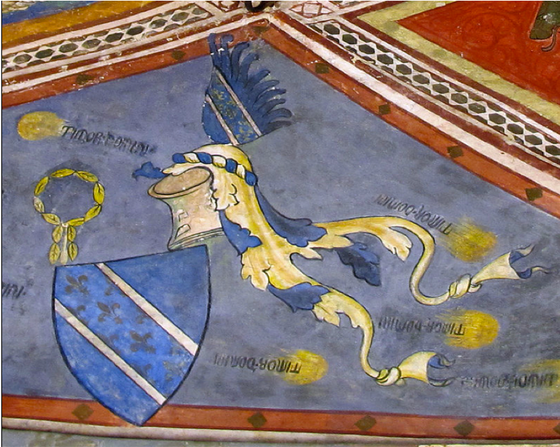 Le collier de la Cosse de gen&ecirc;t associ&eacute; aux armoiries et la devise d'un des membres de la famille de Bernardo Cino dei Benvenuti&nbsp;(Bernard du Cygne),&nbsp;et&nbsp;renomm&eacute;e Nobili,&nbsp;anobli et gratifi&eacute; d'une concession d'armoiries&nbsp;par Charles V, &eacute;tendue par Charles VI. Palais communal de San Miniato.