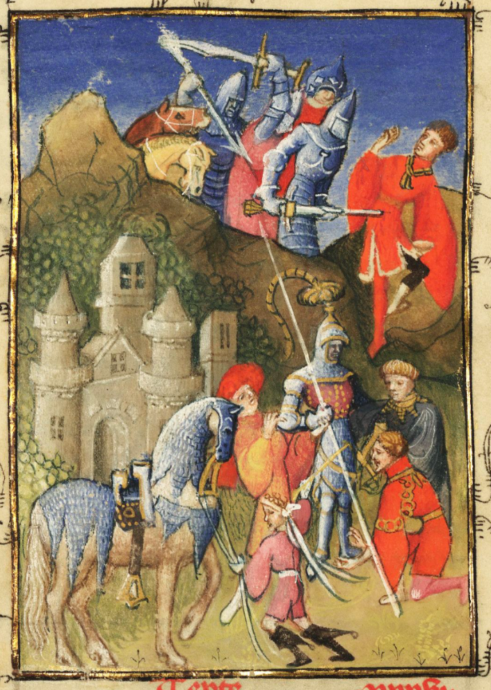 Le collier de la cosse de gen&ecirc;t port&eacute; par deux protagonistes de l'Ep&icirc;tre Oth&eacute;a de Christine de Pisan : Louis de Guyenne (?) - cosses devant - et Charles de Savoisy - cosses derri&egrave;re - reconnaissable &agrave; sa devise des ch&acirc;ines (Paris, BnF, Fr. 606, fol. 18)