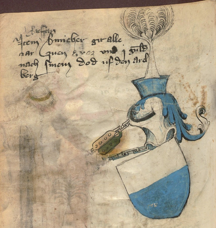 Mention de l'ordre de la Cosse de gen&ecirc;t. Armorial de Saint-Christophe de l'Arlberg.&nbsp;M&uuml;nchen, Bayerisches Hauptstaatsarchiv, Geheimes Hausarchiv, B&auml;nde 3, fol. 61v