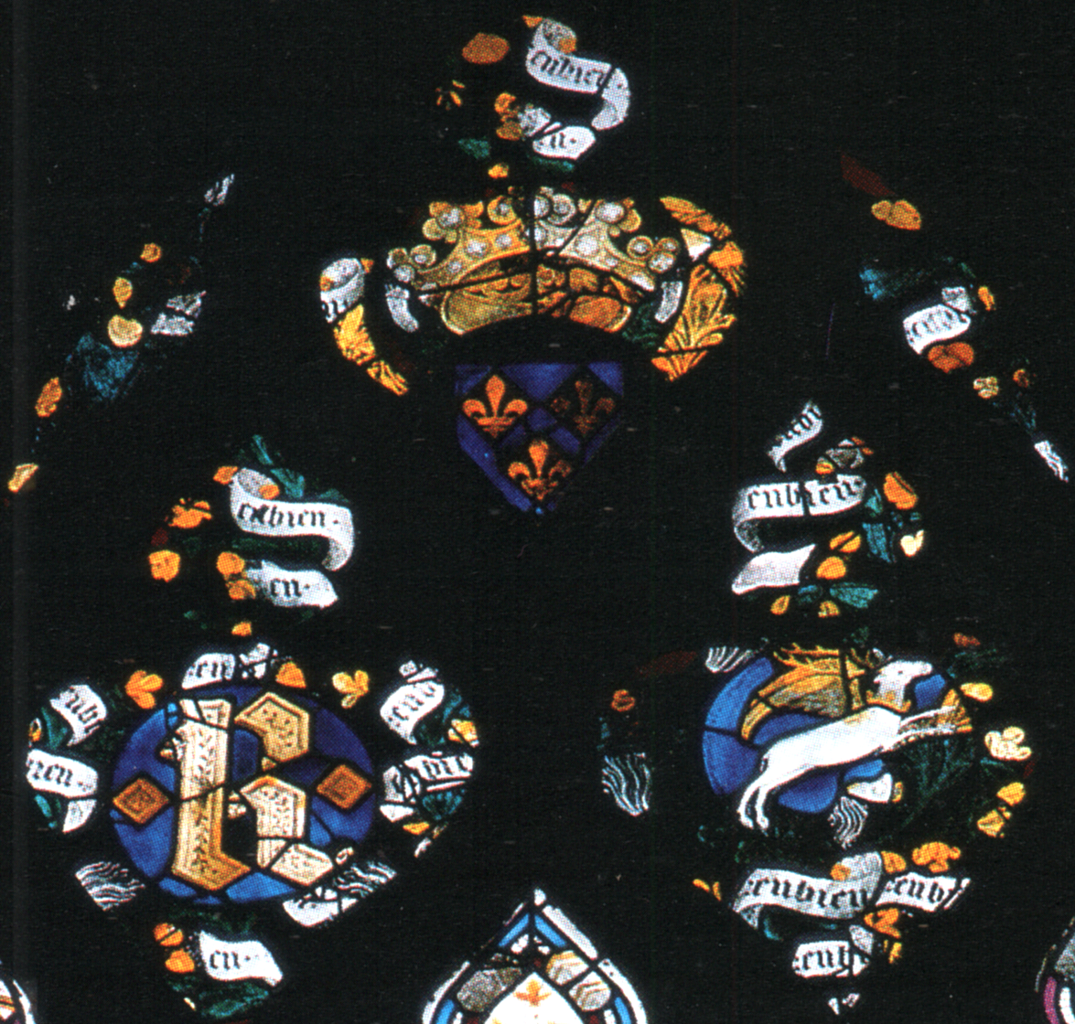 Le cerf volant associ&eacute; au mot EN BIEN et aux rameaux de gen&ecirc;t. Baie 15 de la cath&eacute;drale d'Evreux, chapelle du Rosaire, entre 1387 et 1390.