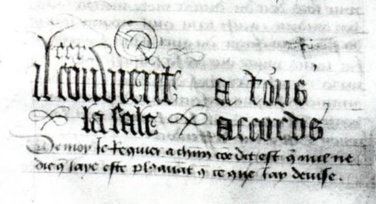 le mot IL CONVIENT compl&eacute;t&eacute; du nom LA SALE et du mot A TOUS ACCORDS, d&eacute;tail du fac-simil&eacute; des graffitis laiss&eacute;s dans la grotte de la Sibylle.&nbsp;Paradis de la Reine Sibylle, Chantilly, Mus&eacute;e Cond&eacute;, ms. 653, fol. 21v.