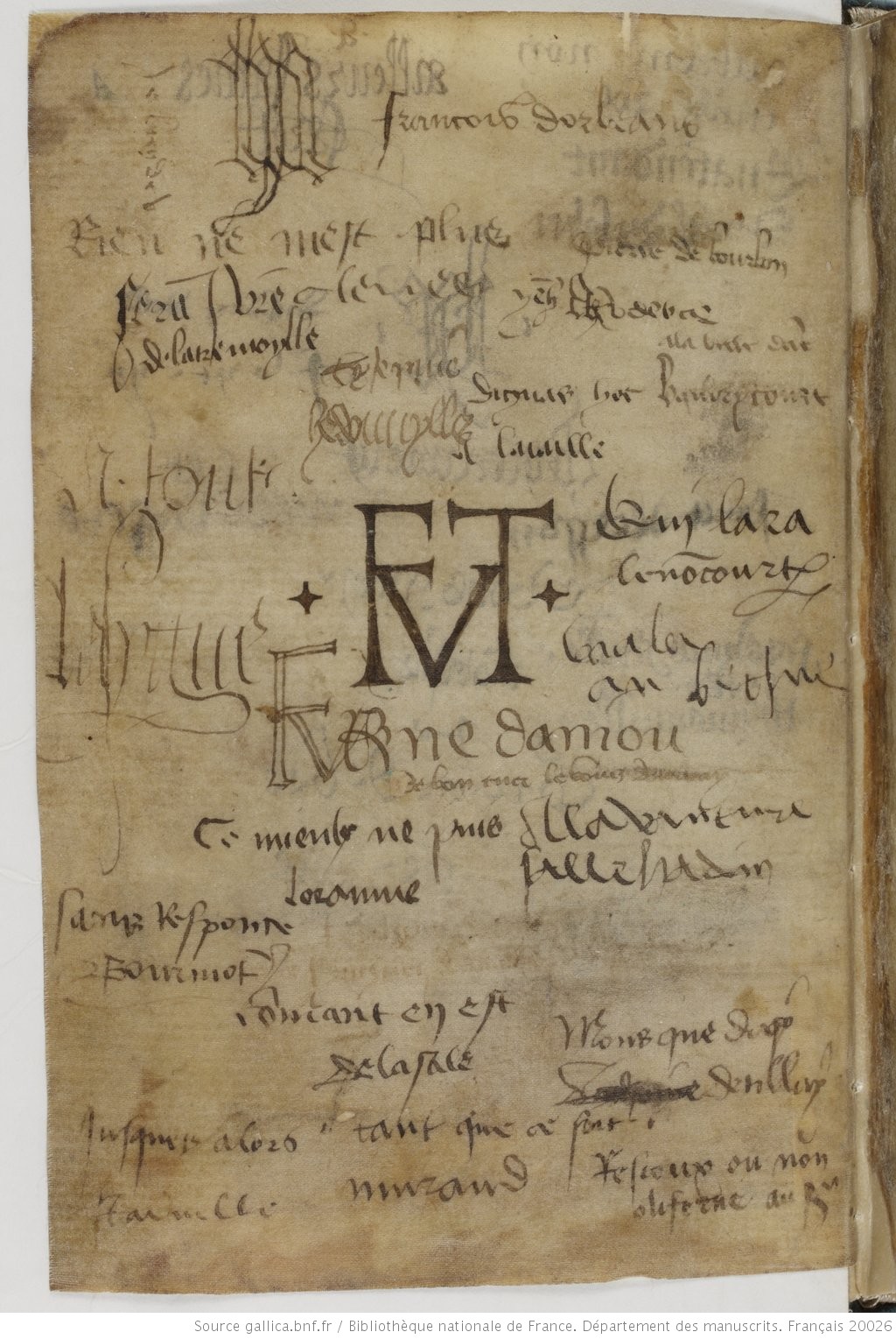 Signatures du liber amicorum des premiers folios du Chartier de Marie de Cl&egrave;ves. Paris, Bnf, Ms. fr. 20026, fol. Av.