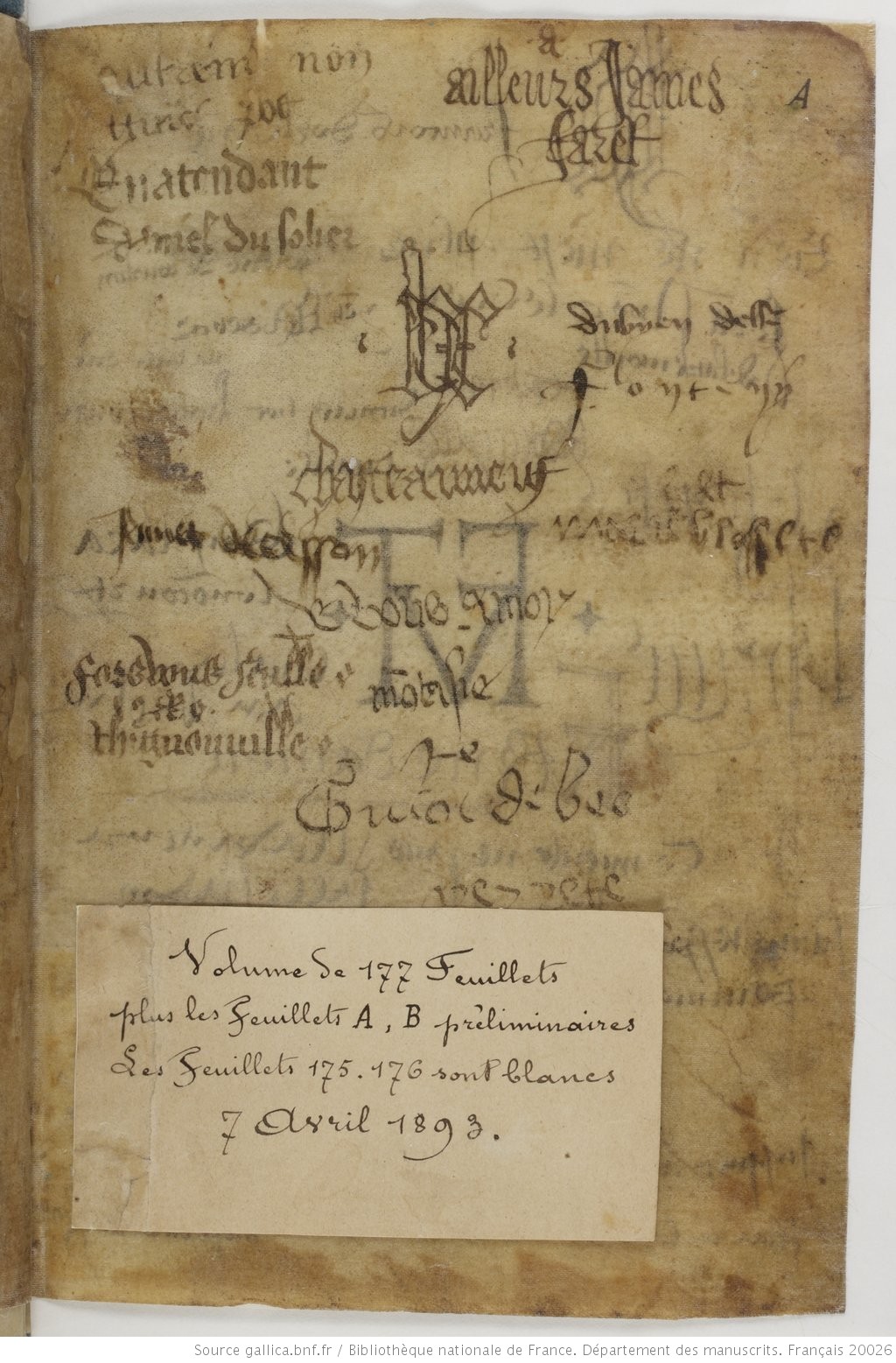 Signatures du liber amicorum des premiers folios du Chartier de Marie de Cl&egrave;ves. Paris, Bnf, Ms. fr. 20026, fol. 1v.