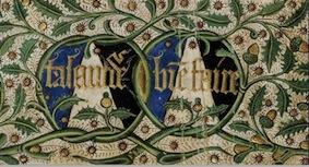 l’emblématique d’Henri de Portugal sur son exemplaire des Cronicas dos Feitos de Guiné (Paris, BnF, Ms. Portugais 41, f. 5v) : anneau de chêne vert, couleurs bleu/blanc/noir et mot TALANT DE BIEN FAIRE