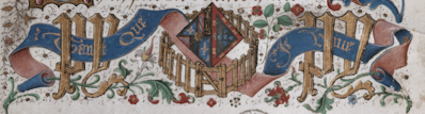l’emblématique d’Isabelle de Portugal en marge du folio de dédicace du Mortifiment de Vaine Plaisance de René d’Anjou (Bruxelles, KBR, Ms. 10308, fol. 1) : l’enclos palissadé, le mot TANT QUE JE VIVE et le chiffre PY